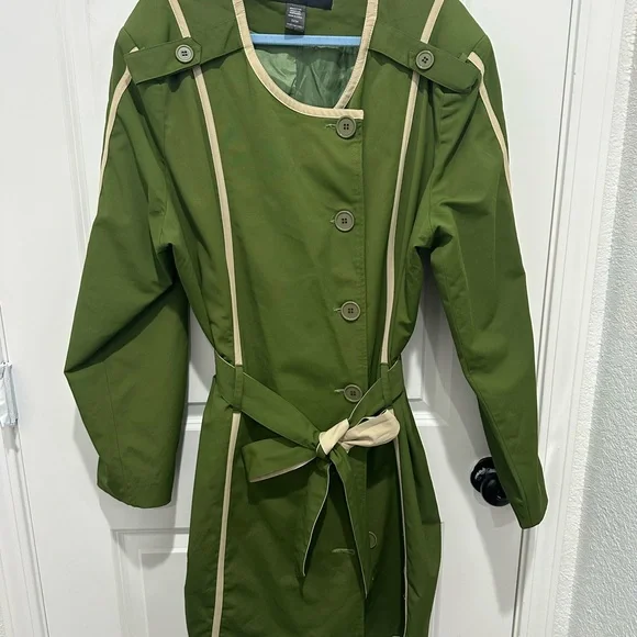 Ashley Stewart Olive Green Trench Coat with Cream Trim - Picture 2 of 4